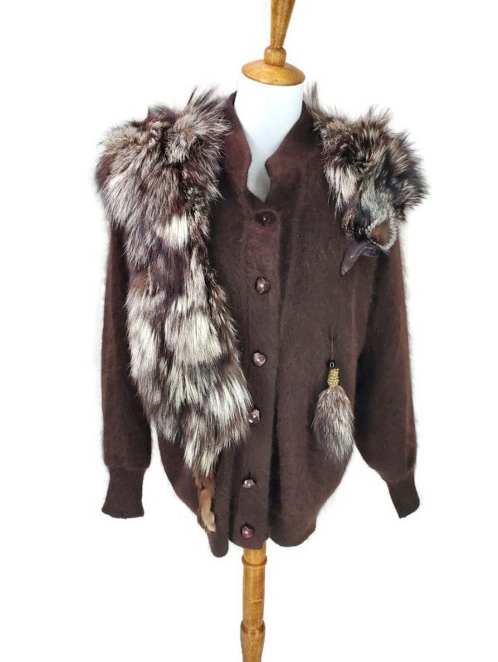 Vtg Women's Angora Mohair Wool Silver Fox Cardigan Sweater Brown Jacket Size Lrg